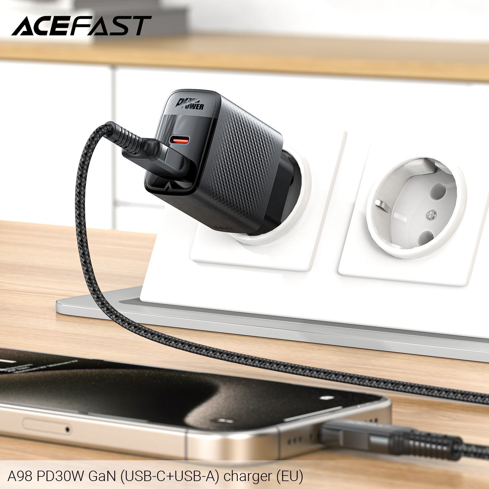 Įkroviklis Acefast A98 30W GaN USB-C/USB-A juodas