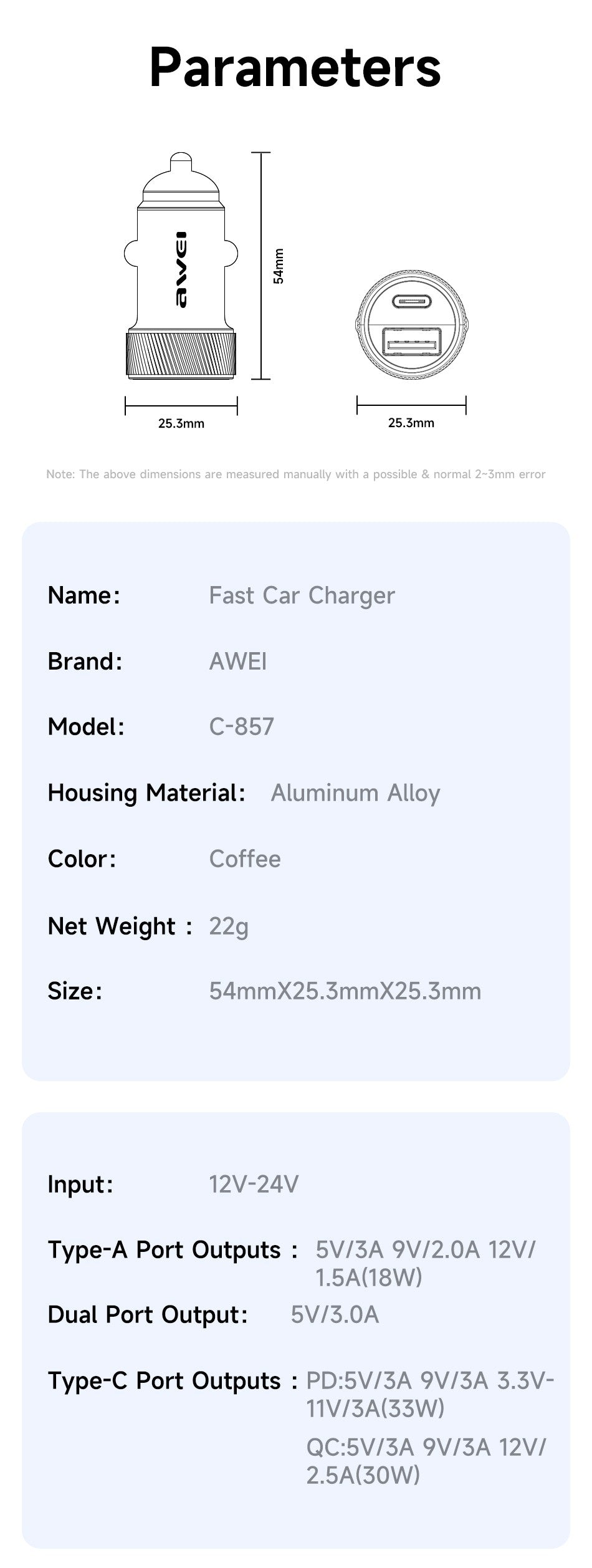 Automobilinis įkroviklis Awei C-857 33W USB-C/USB-A juodas