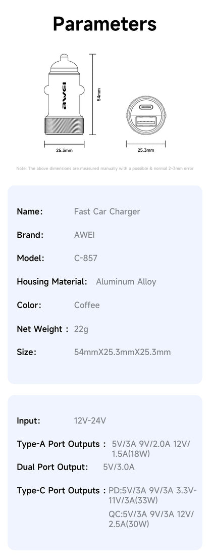 Automobilinis įkroviklis Awei C-857 33W USB-C/USB-A juodas