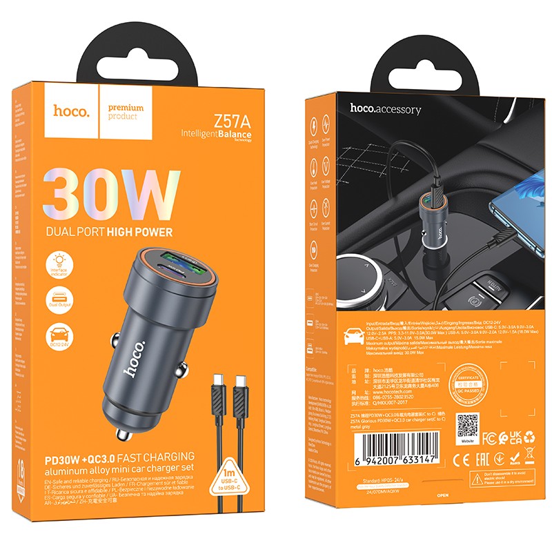 Automobilinis įkroviklis Hoco Z57A 30W USB-C/USB-A + USB-C to USB-C cable 1.0m pilkas