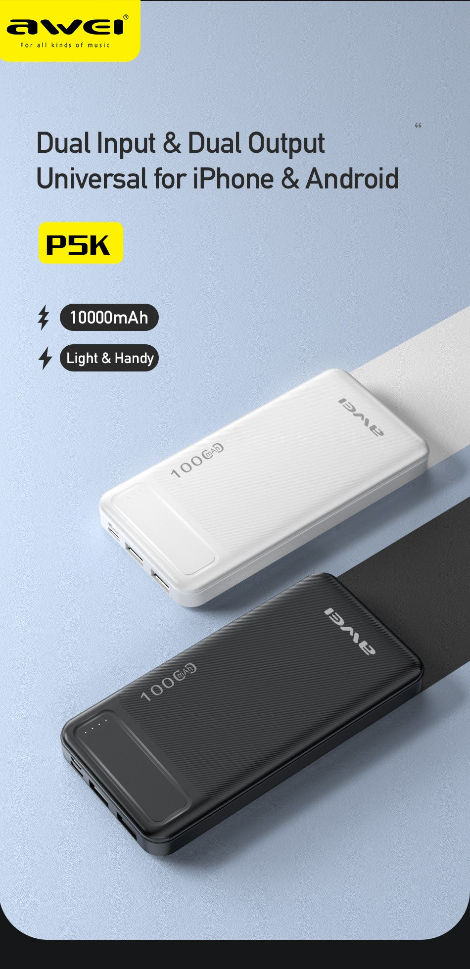 Išorinė baterija Power Bank Awei P5K 5V/2.1A 10000mAh juoda