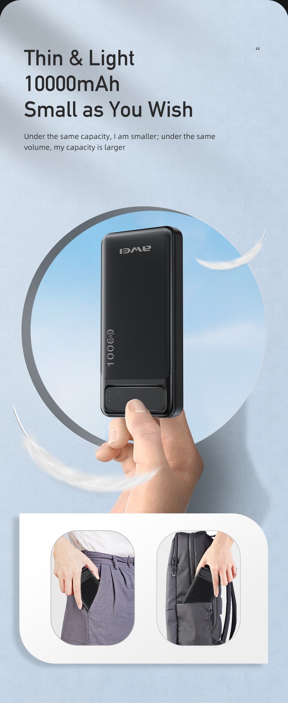 Išorinė baterija Power Bank Awei P5K 5V/2.1A 10000mAh juoda