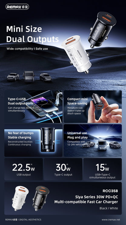 Automobilinis įkroviklis Remax RCC358 30W USB-C/USB-A juodas