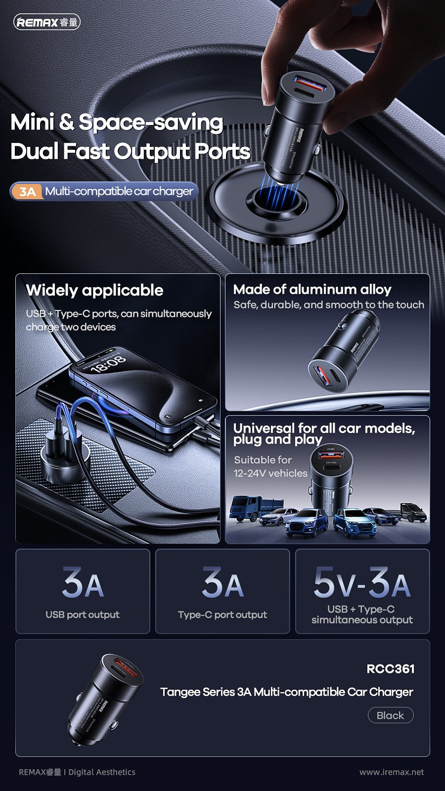Automobilinis įkroviklis Remax RCC361 15W USB-C/USB-A juodas