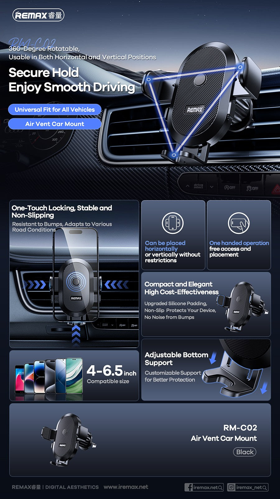 Automobilinis telefono laikiklis Remax RM-C02 (air vent) juodas
