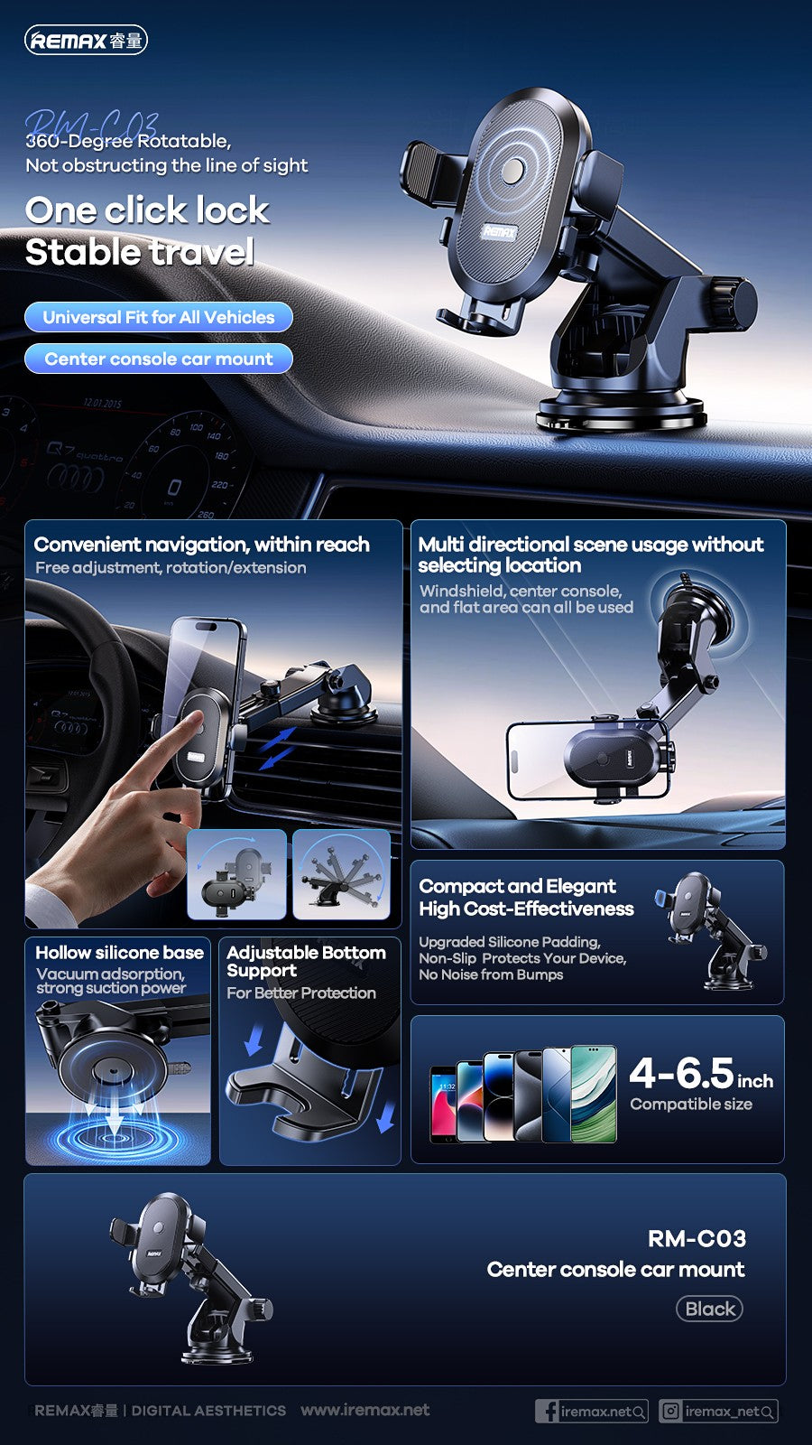 Automobilinis telefono laikiklis Remax RM-C03 (dashboard) juodas
