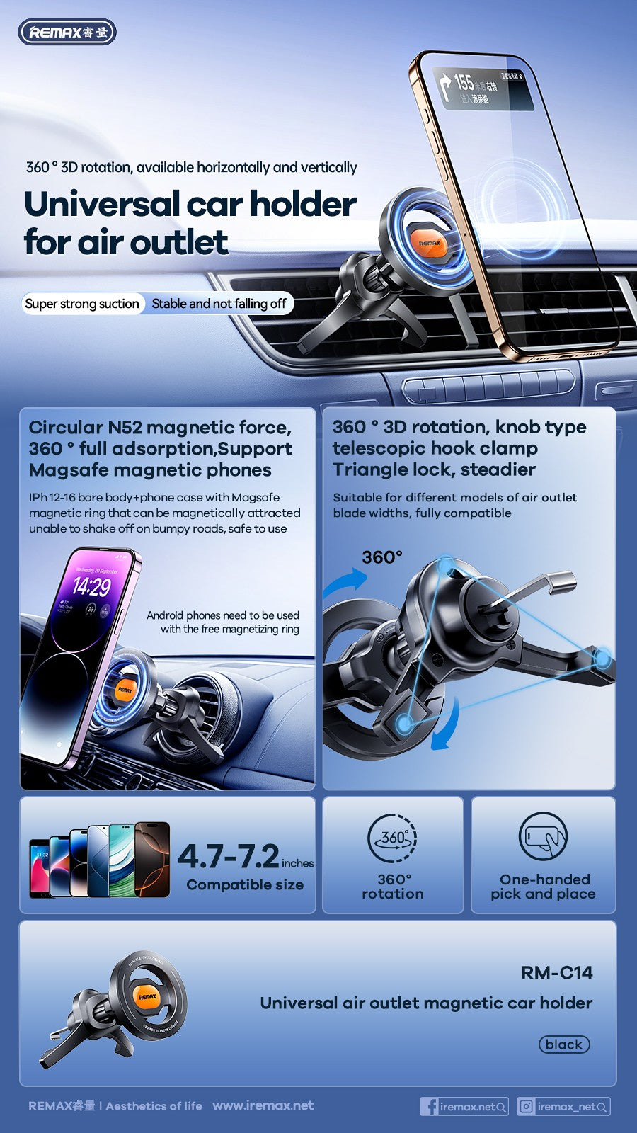 Automobilinis telefono laikiklis Remax RM-C14 MagSafe (air vent) juodas