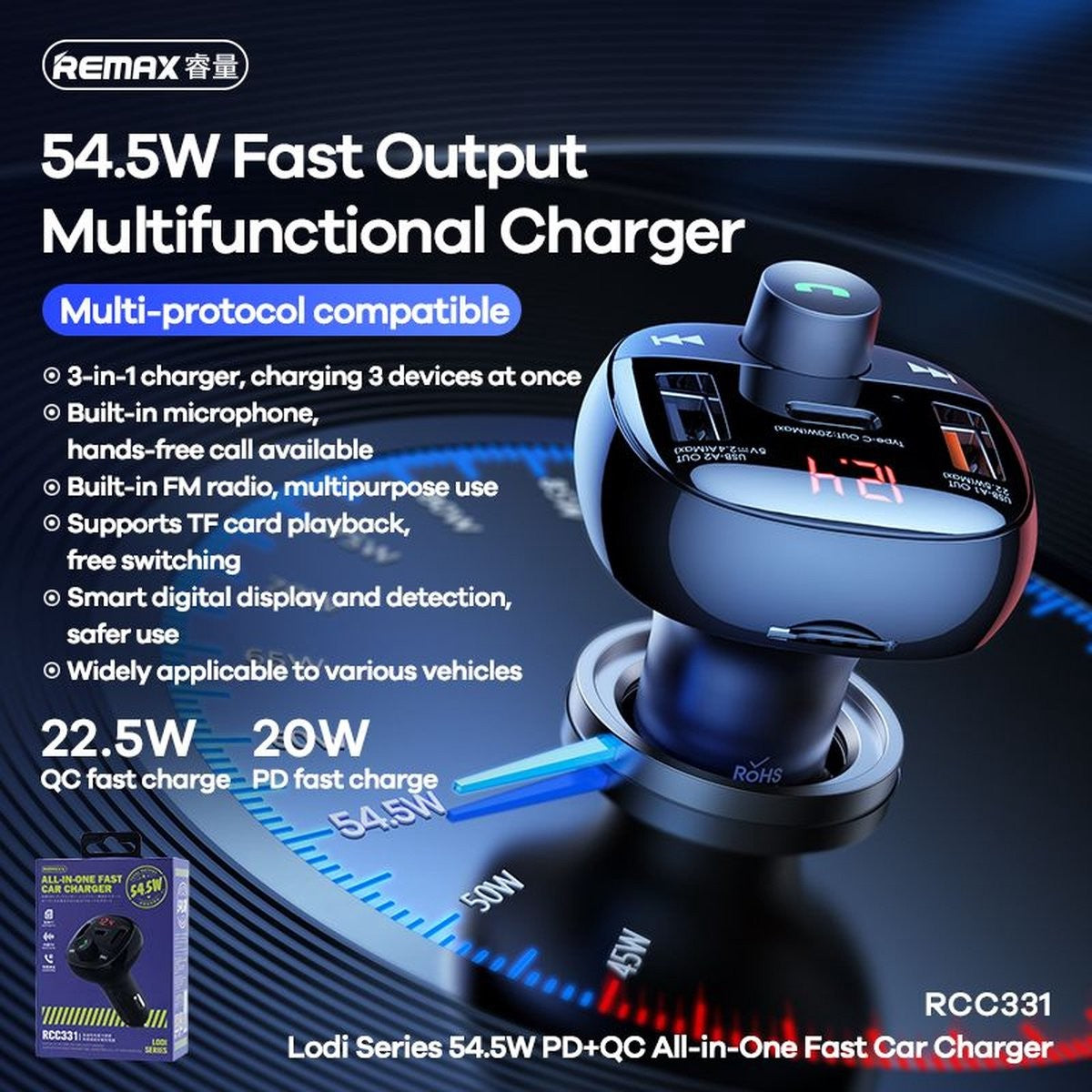 FM bangų moduliatorius Remax RCC331 54.5W 2xUSB-A/1xUSB-C juodas