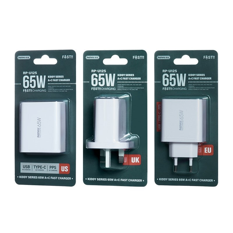 Įkroviklis Remax RP-U125 65W GaN USB-C/USB-A baltas