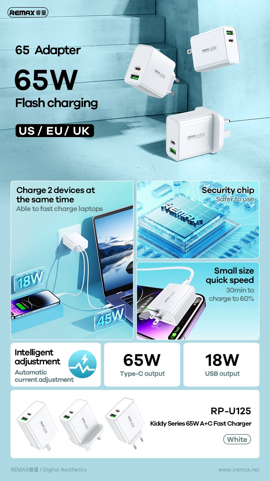 Įkroviklis Remax RP-U125 65W GaN USB-C/USB-A baltas