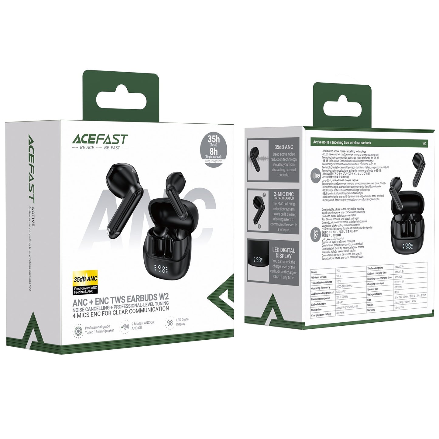 Belaidės ausinės Acefast W2 ANC juodos