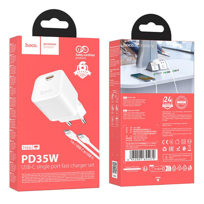 Įkroviklis Hoco N66 35W GaN USB-C/USB-A + USB-C to USB-C cable 1.0m baltas