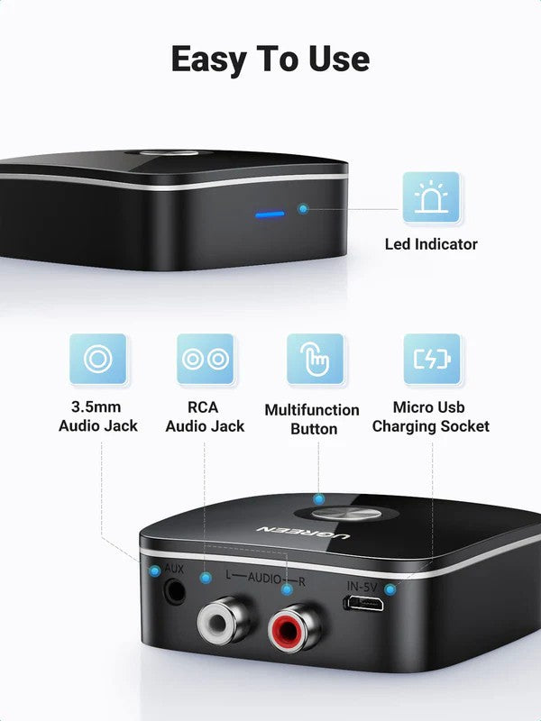 Bluetooth adapteris imtuvas Ugreen CM123 2xRCA/AUX Bluetooth 5.0 juodas (30445)