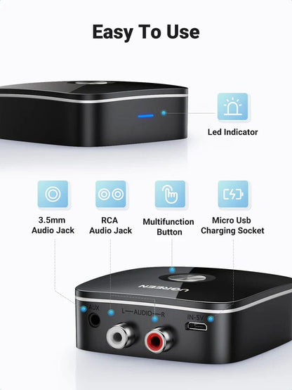 Bluetooth adapteris imtuvas Ugreen CM123 2xRCA/AUX Bluetooth 5.0 juodas (30445)