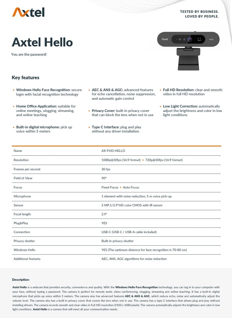 WEB kamera Axtel AX-FHD Webcam Hello
