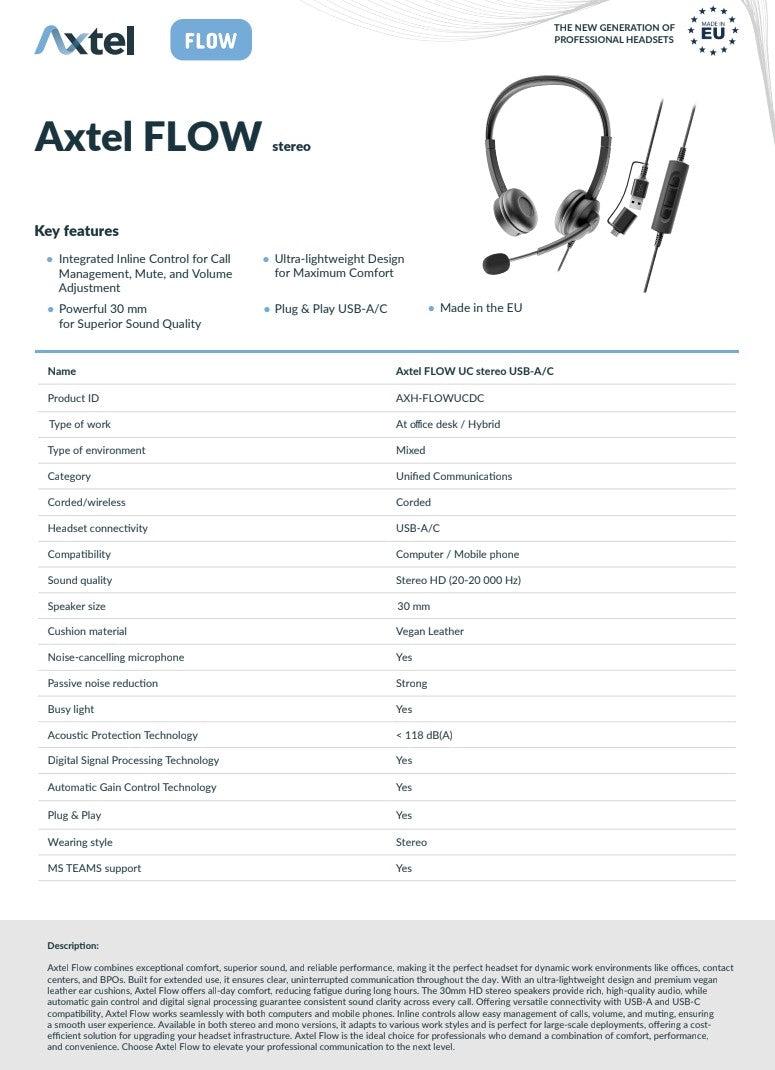 Ausinės su mikrofonu Axtel FLOW UC stereo USB-A/C juodos