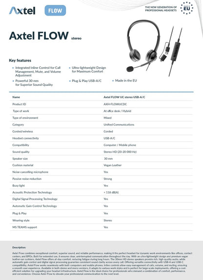 Ausinės su mikrofonu Axtel FLOW UC stereo USB-A/C juodos