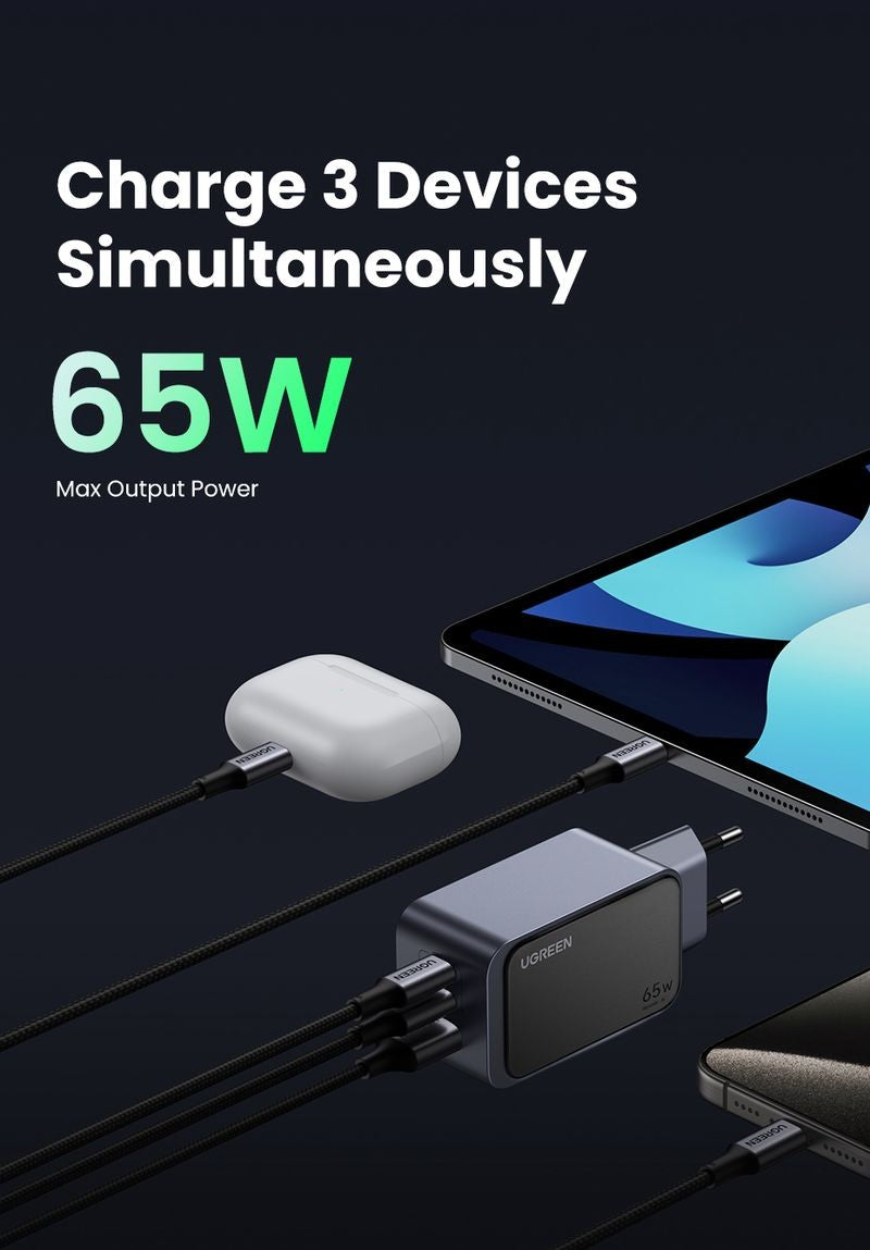 Įkroviklis Ugreen X553 GaN 65W 2xUSB-C/USB-A pilkas (35042)