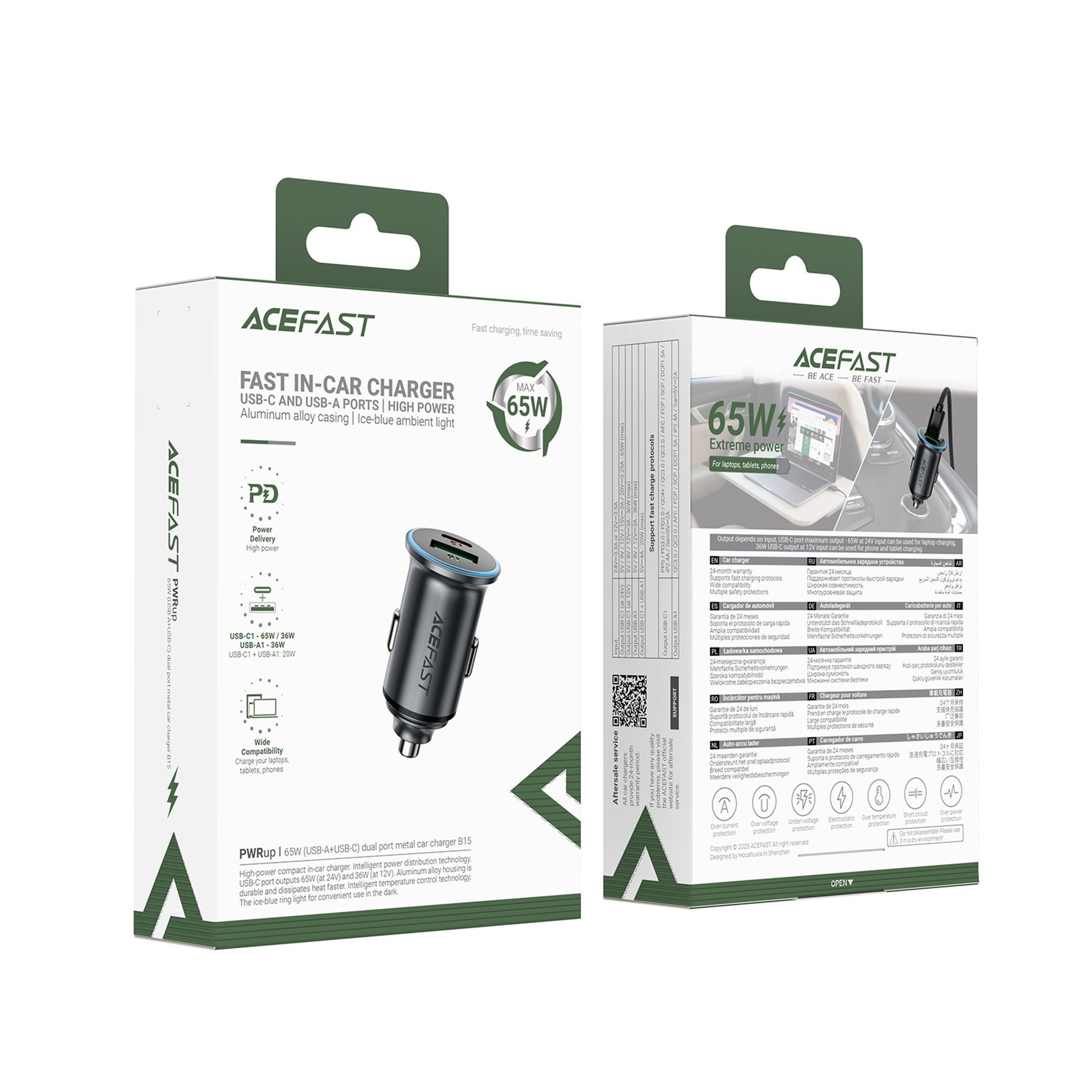 Automobilinis įkroviklis Acefast B15 65W USB-C/USB-A pilkas