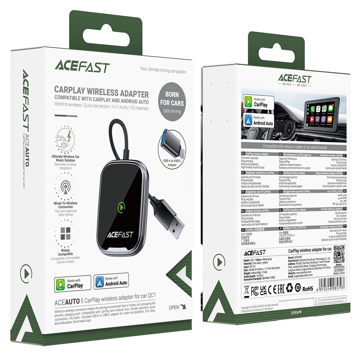 Belaidis CarPlay/Android Auto adapteris Acefast QC1 juodas