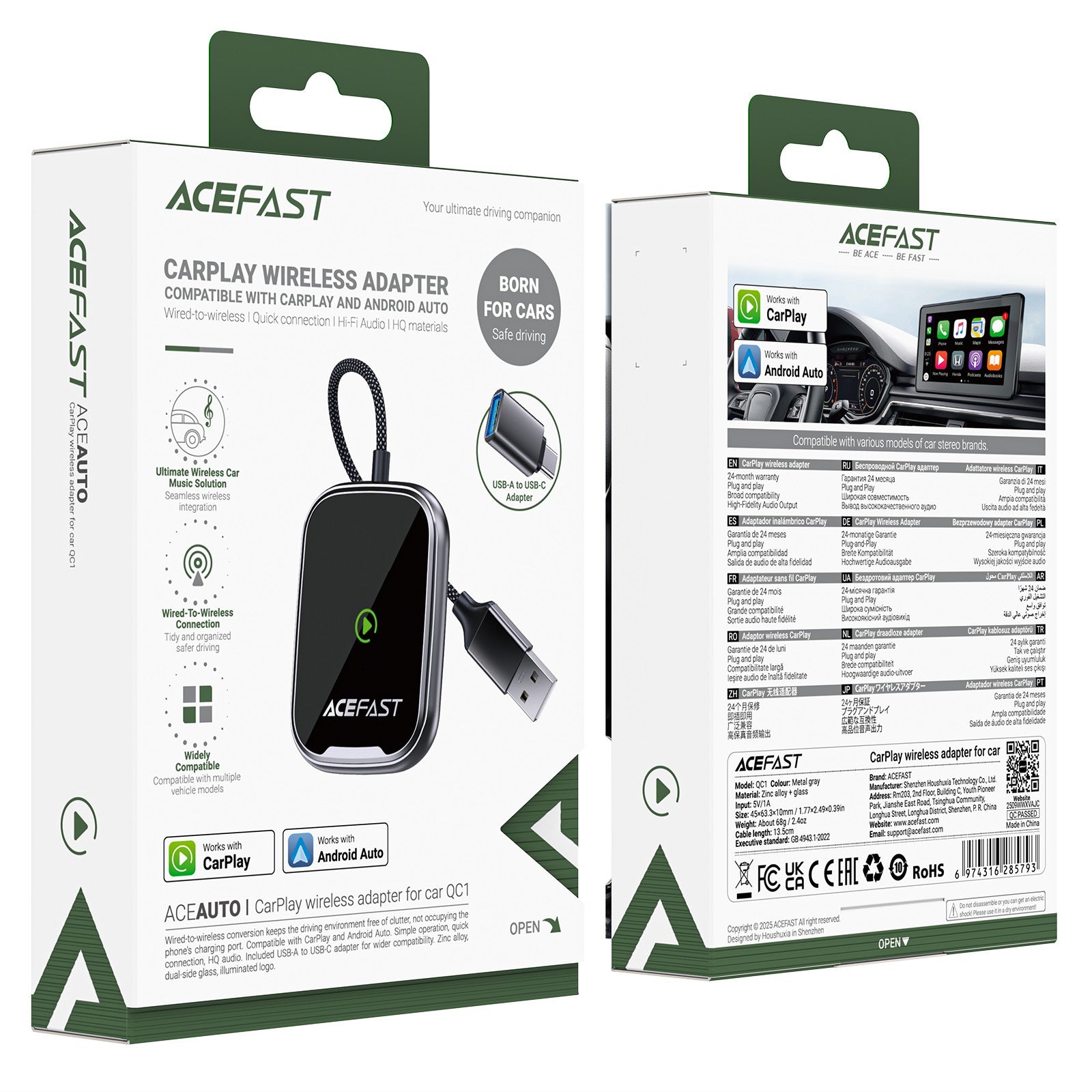 Belaidis CarPlay/Android Auto adapteris Acefast QC1 juodas