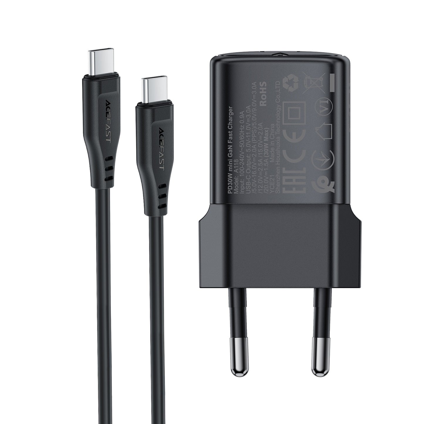 Įkroviklis Acefast A118 30W GaN USB-C + USB-C to USB-C cable 1.2m juodas