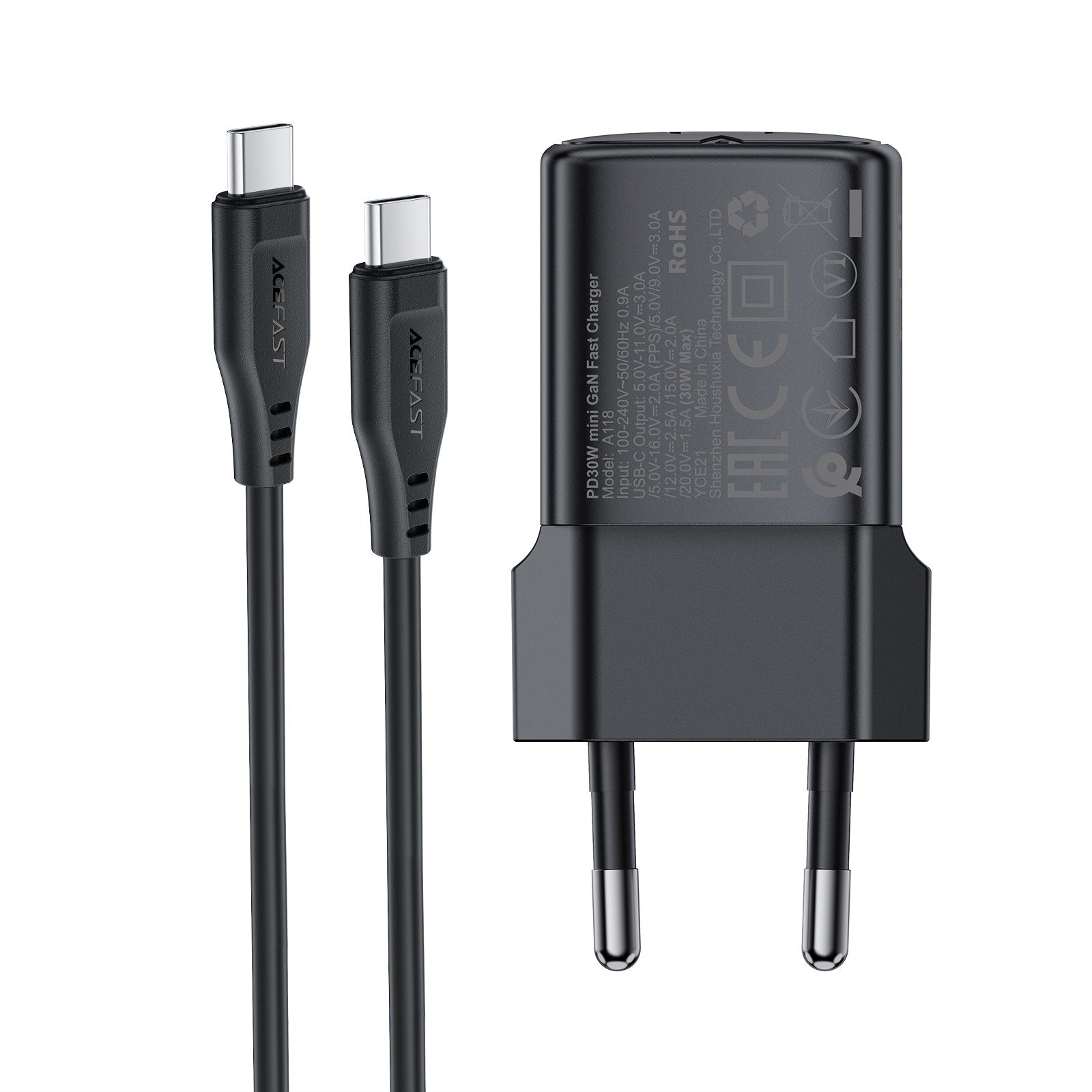 Įkroviklis Acefast A118 30W GaN USB-C + USB-C to USB-C cable 1.2m juodas