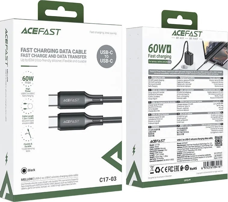 USB kabelis Acefast C17-03 USB-C to USB-C 1.2m juodas