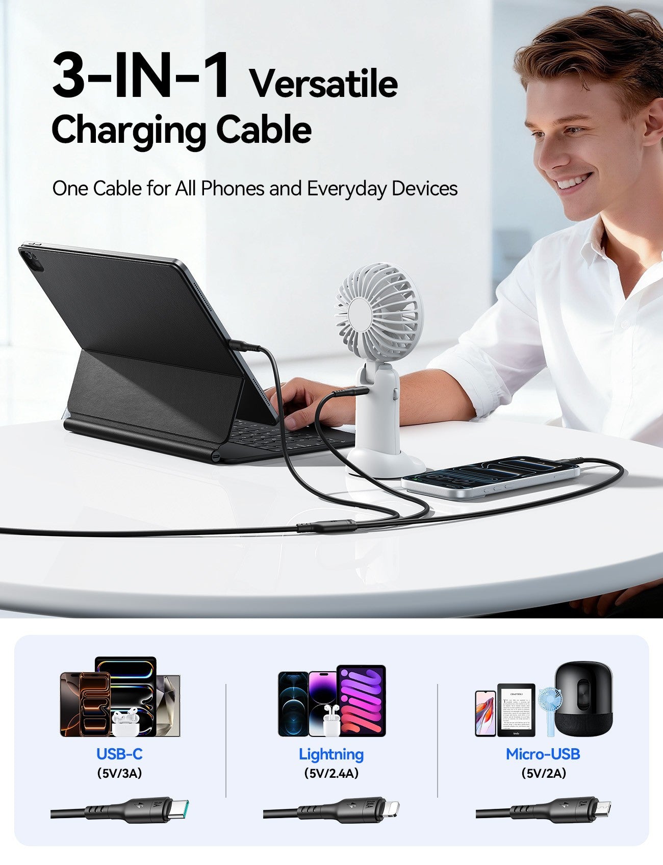 USB kabelis Joyroom S-A61 USB-A to USB-C/Lightning/MicroUSB 3.5A 1.2m juodas