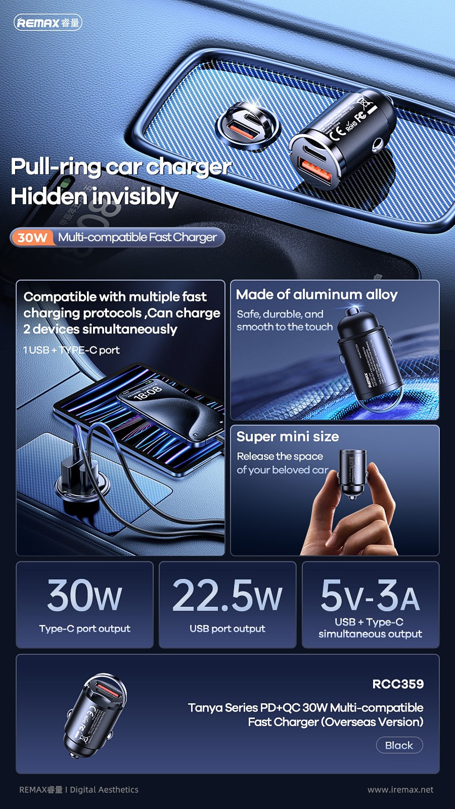 Automobilinis įkroviklis Remax RCC359 30W USB-C/USB-A juodas