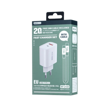 Įkroviklis Remax RP-U120 20W USB-C/USB-A + USB-C to USB-C cable 1.0m baltas