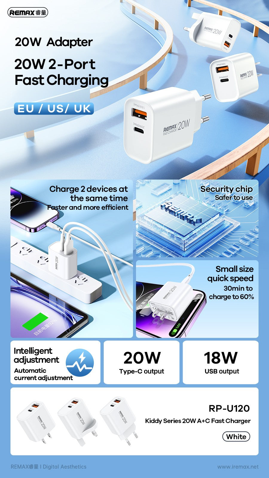 Įkroviklis Remax RP-U120 20W USB-C/USB-A baltas