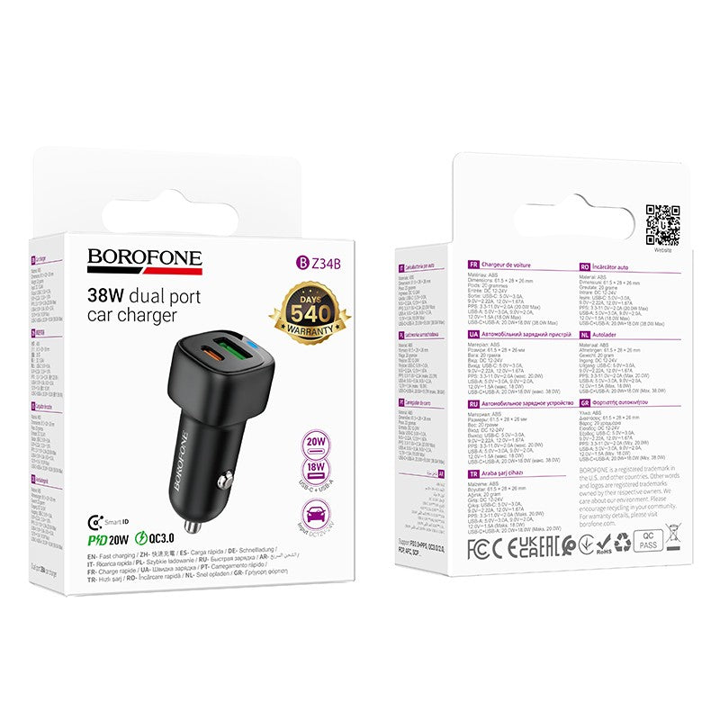 Automobilinis įkroviklis Borofone BZ34B 38W USB-C/USB-A juodas