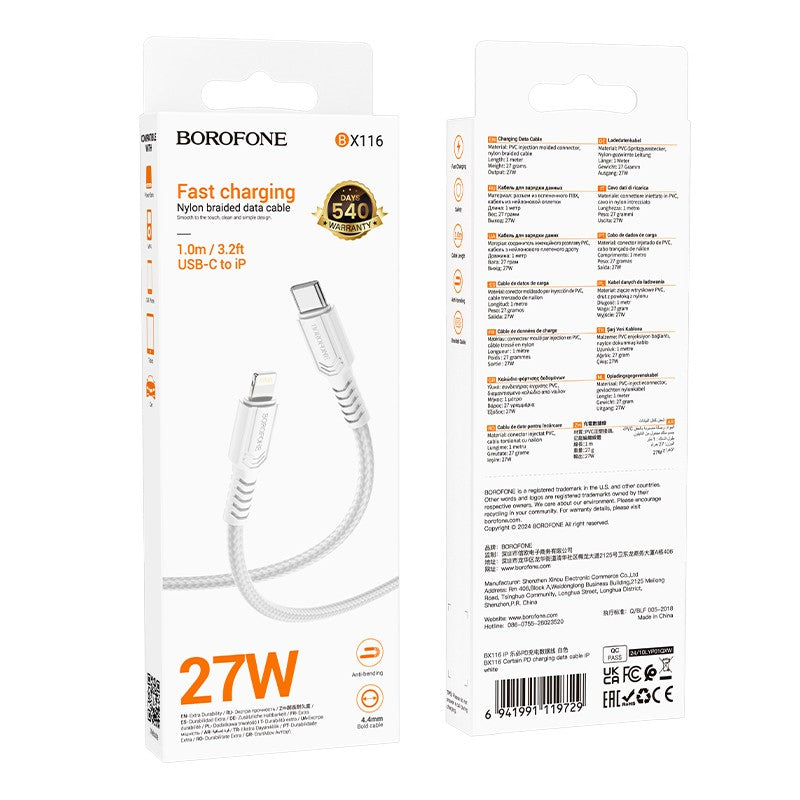 USB kabelis Borofone BX116 USB-C to Lightning 1.0m baltas