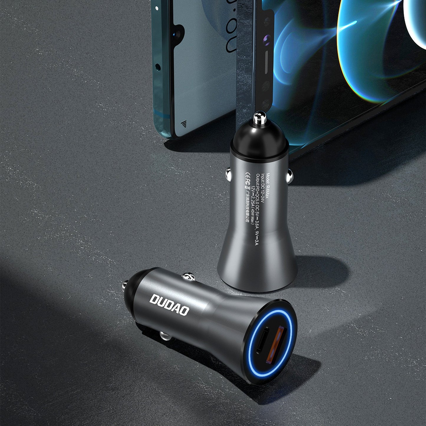 Automobilinis įkroviklis Dudao R4Max 55W USB-C/USB-A pilkas