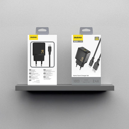 Įkroviklis Dudao A23T 12W USB-A + USB-A to USB-C cable 1.0m juodas