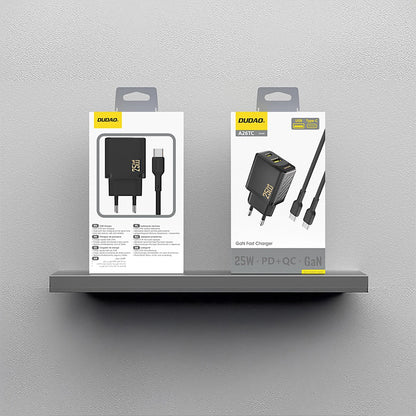 Įkroviklis Dudao A26TC GaN 25W USB-C/USB-A + USB-C to USB-C cable 1.0m juodas