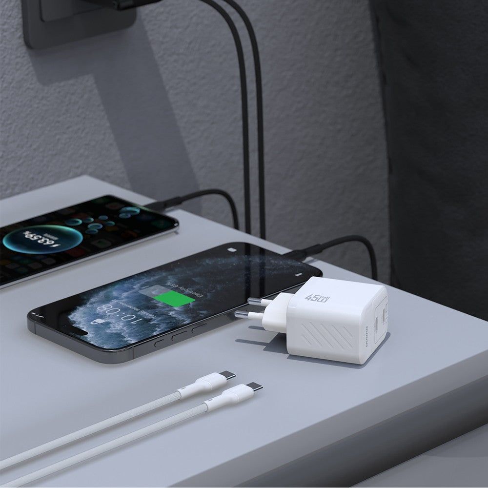 Įkroviklis Dudao A28PC GaN 45W 2xUSB-C + USB-C to USB-C cable 1.0m baltas