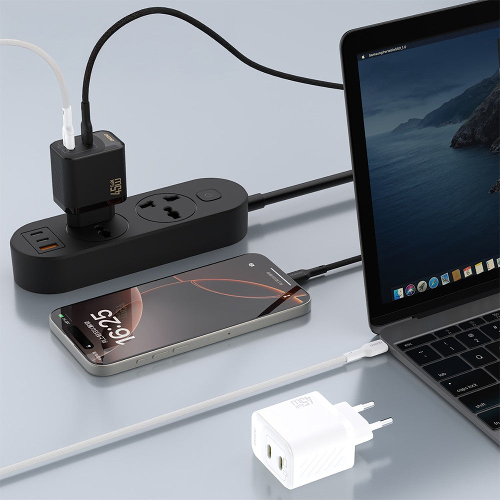 Įkroviklis Dudao A28PC GaN 45W 2xUSB-C + USB-C to USB-C cable 1.0m juodas