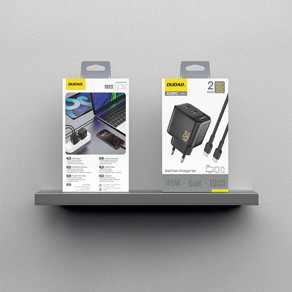 Įkroviklis Dudao A28PC GaN 45W 2xUSB-C + USB-C to USB-C cable 1.0m juodas