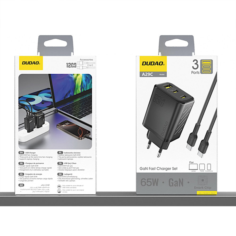 Įkroviklis Dudao A29C GaN 65W 2xUSB-C/USB-A + USB-C to USB-C cable 1.0m juodas