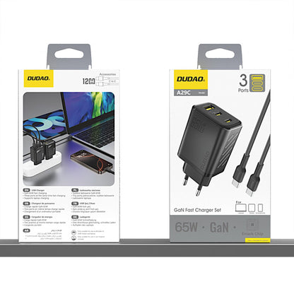 Įkroviklis Dudao A29C GaN 65W 2xUSB-C/USB-A + USB-C to USB-C cable 1.0m juodas