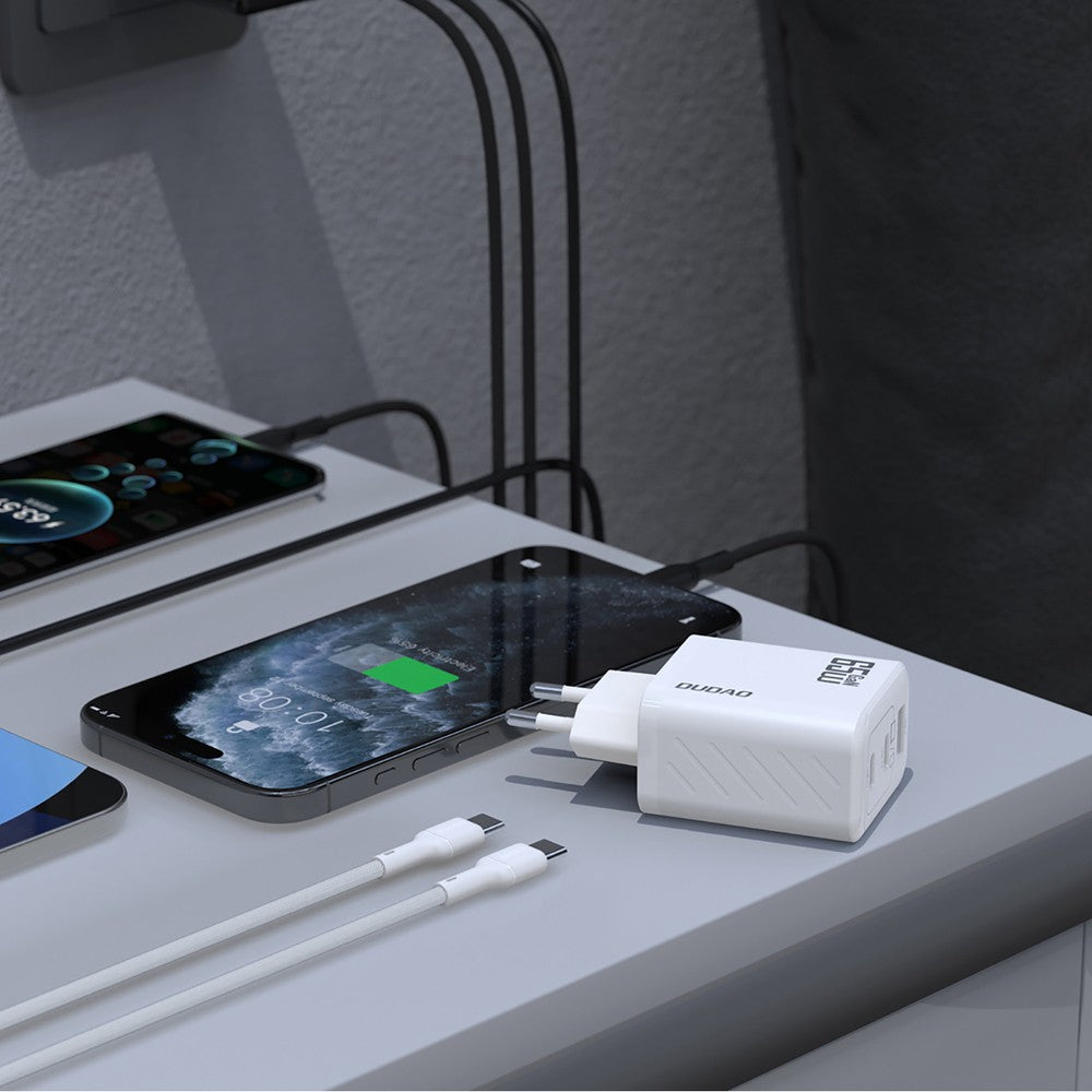 Įkroviklis Dudao A29C GaN 65W 2xUSB-C/USB-A + USB-C to USB-C cable 1.0m baltas