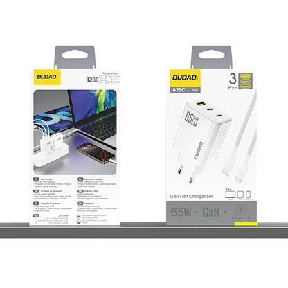 Įkroviklis Dudao A29C GaN 65W 2xUSB-C/USB-A + USB-C to USB-C cable 1.0m baltas
