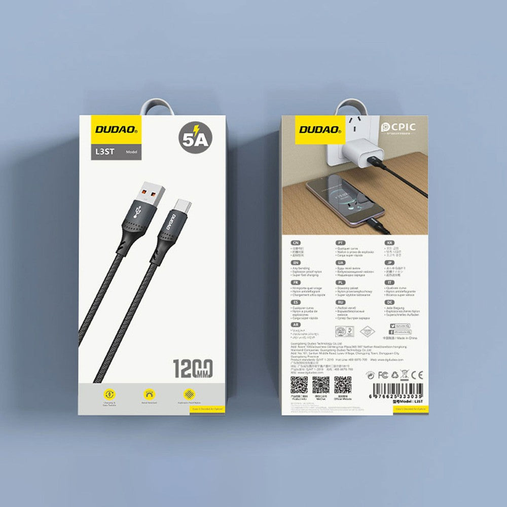 USB kabelis Dudao L3ST USB-A to USB-C 5A 2.0m juodas
