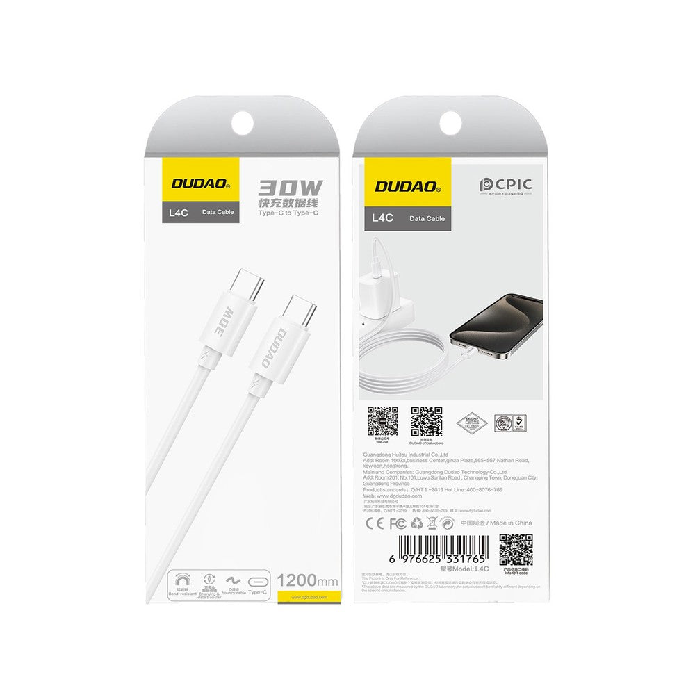 USB kabelis Dudao L4C USB-C to USB-C 30W 1.2m baltas