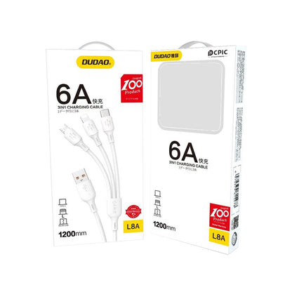 USB kabelis Dudao L8A-3in1 USB-A to USB-C/MicroUSB/Lightning 6A 1.2m baltas