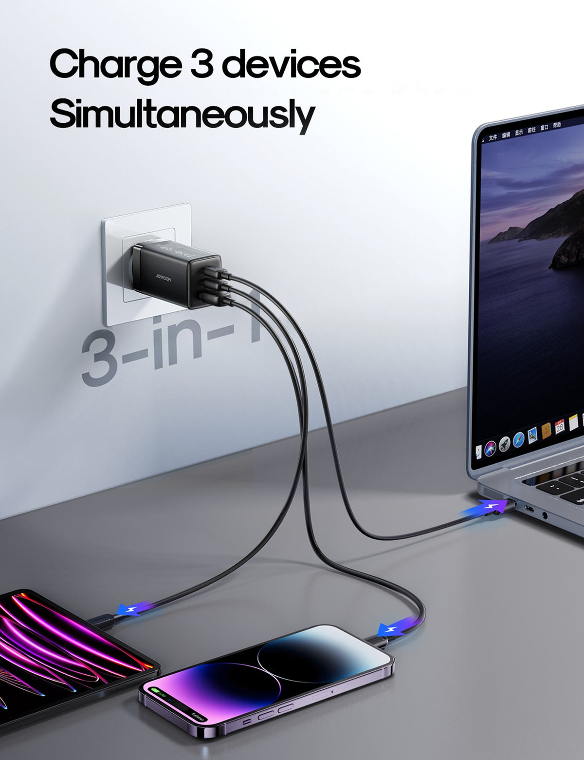 Įkroviklis Joyroom JR-TG10 GaN 65W 2xUSB-C/USB-A + USB-C to USB-C 100W 1.2m cable juodas