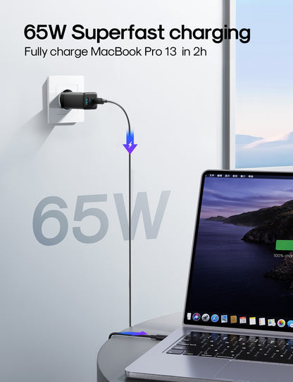 Įkroviklis Joyroom JR-TG10 GaN 65W 2xUSB-C/USB-A + USB-C to USB-C 100W 1.2m cable juodas