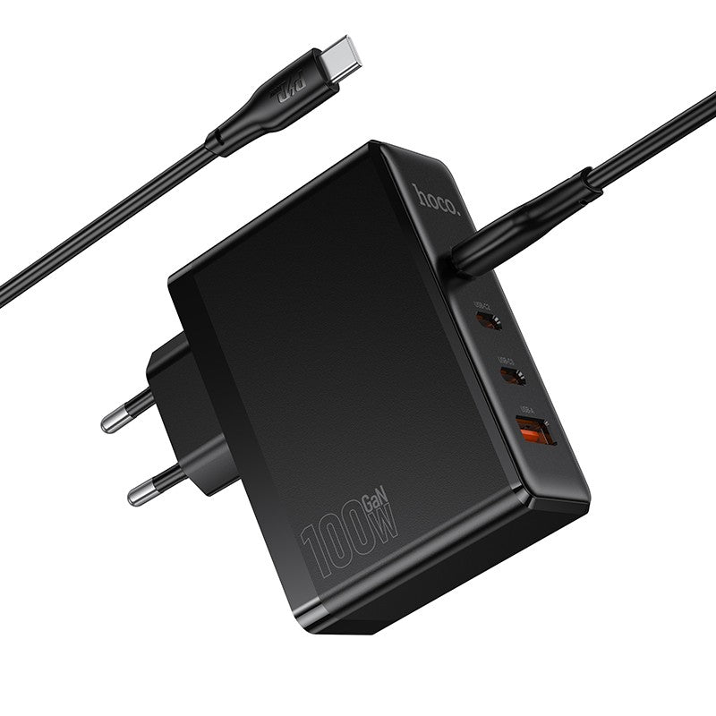 Įkroviklis Hoco N85 100W 3xUSB-C/USB-A + USB-C to USB-C 100W cable 2.0m juodas